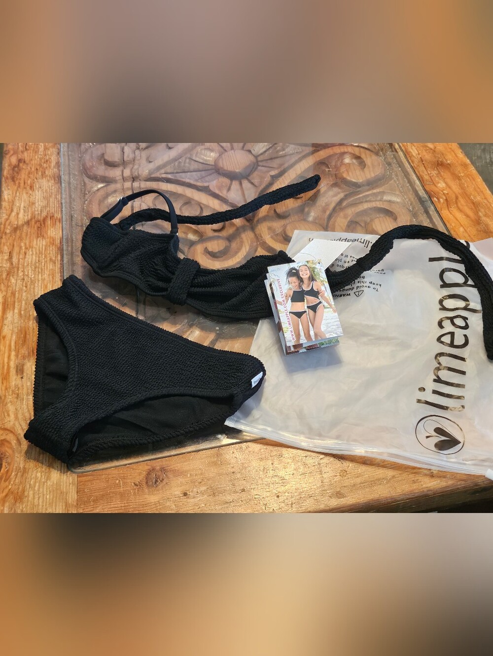 New In Bag 1 Lime Apple Crinkle Bandeau Bikini Top & Bottom - Black Swim Girl 6